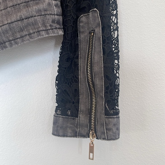 Paris Hues Black Denim & Lace Moto Jacket Cropped Size Small - Picture 3 of 15